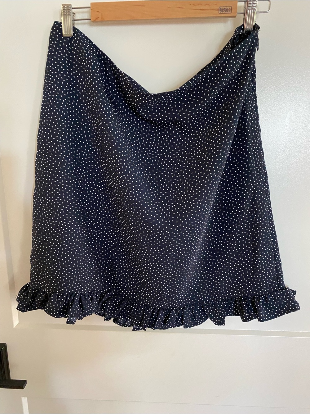 LOFT Navy and White Polka Dot A-Line Skirt with Ruffle Hem